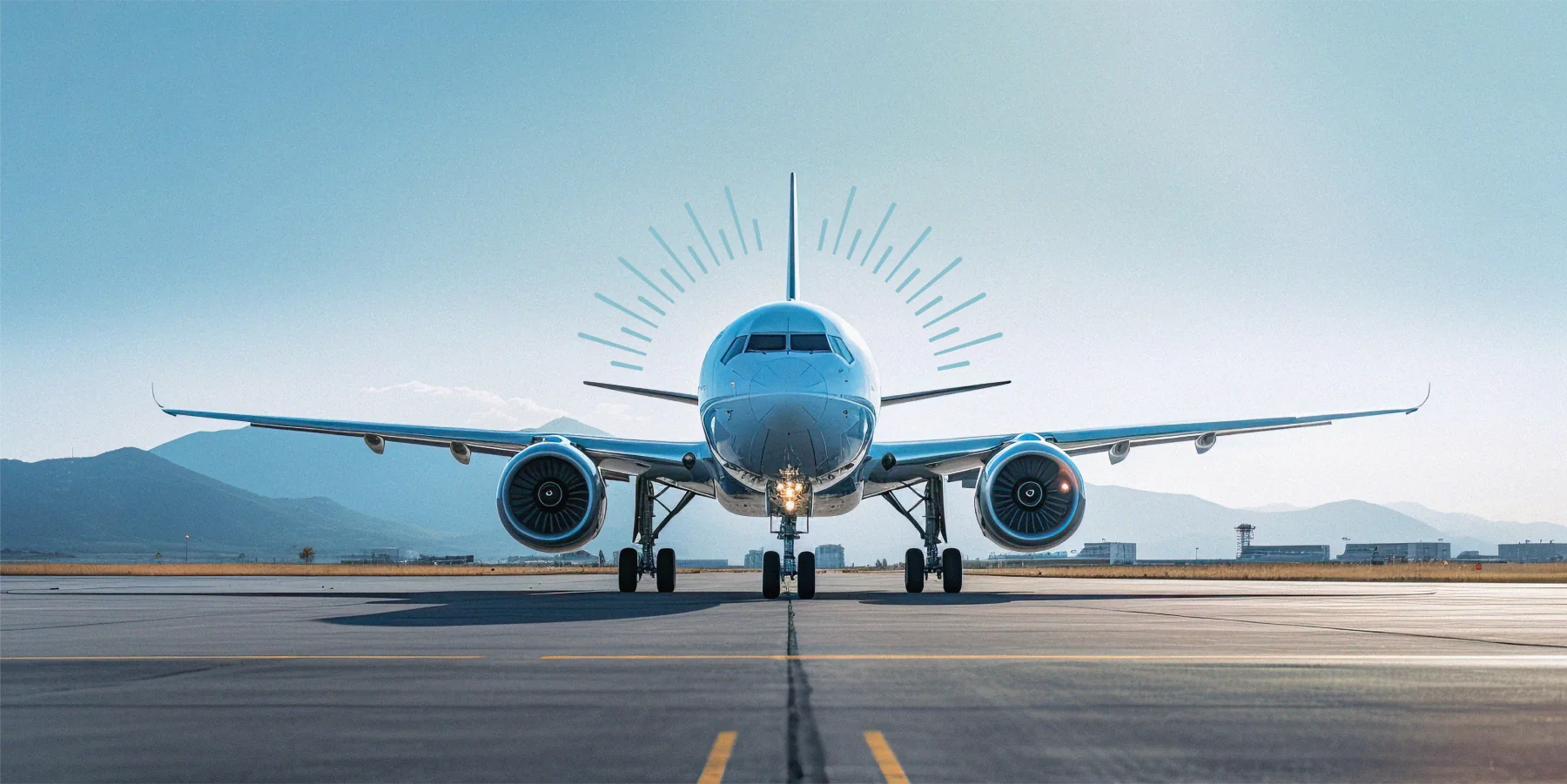 Front-facing passenger aircraft on a runway